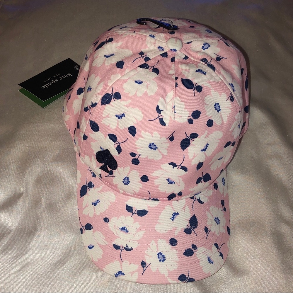 Kate Spade Cotton Pink Springtime Floral Baseball Hat Logo Elastic Back OS NWT
